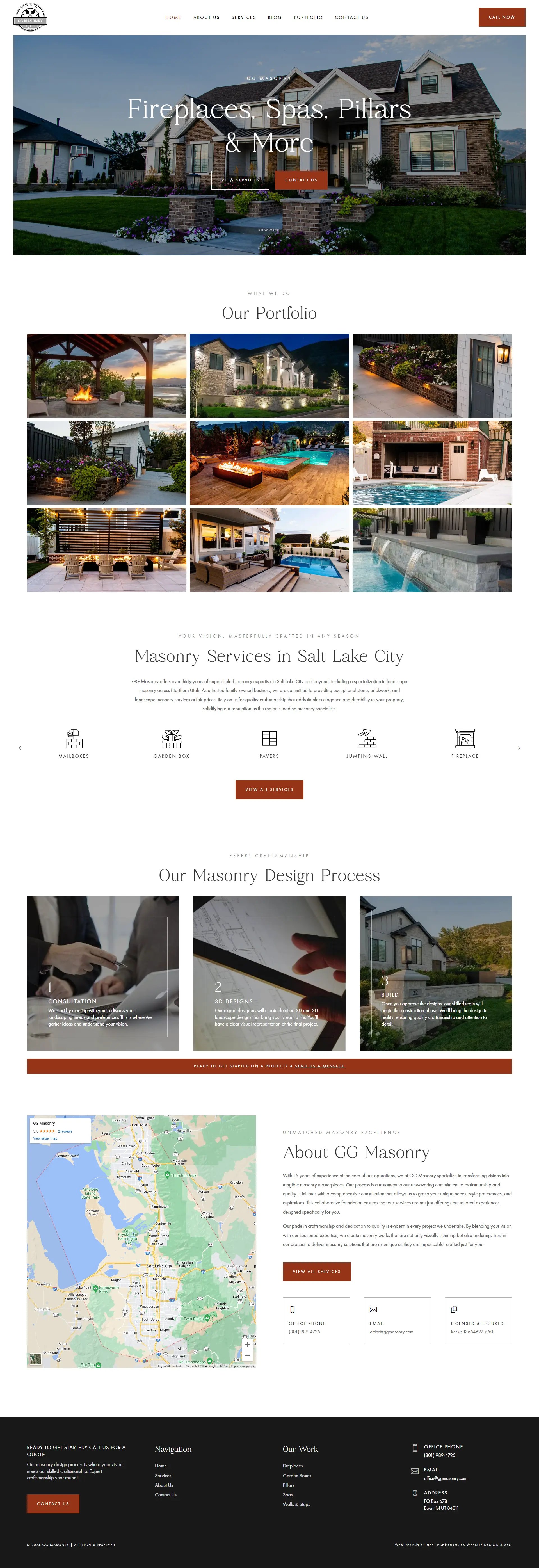 Masonry services, custom fireplaces, outdoor living spaces.