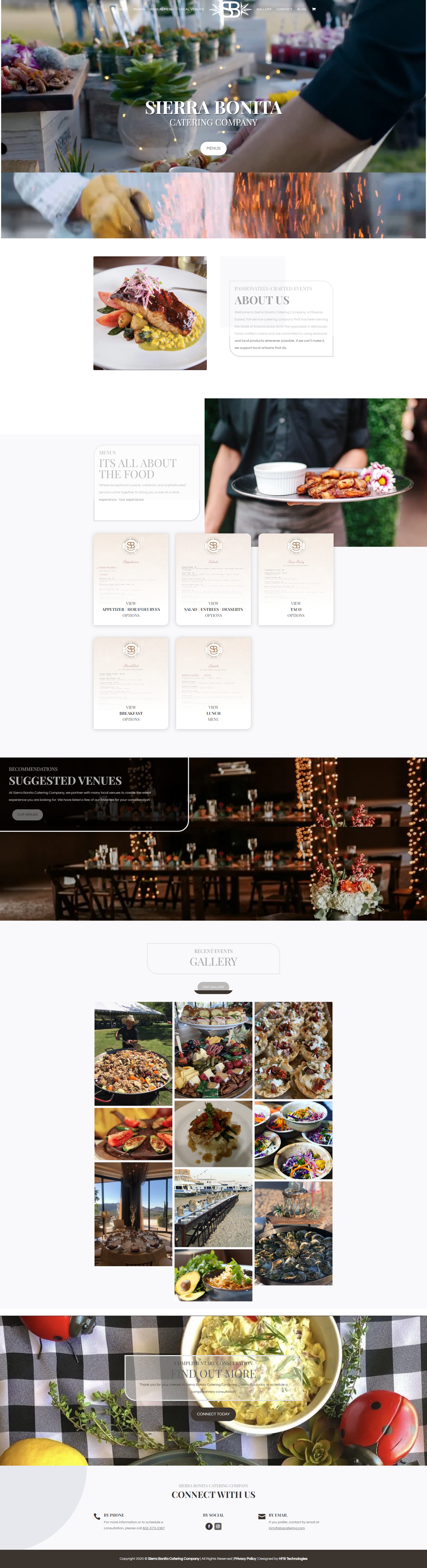Catering company webpage with food and event setup images.