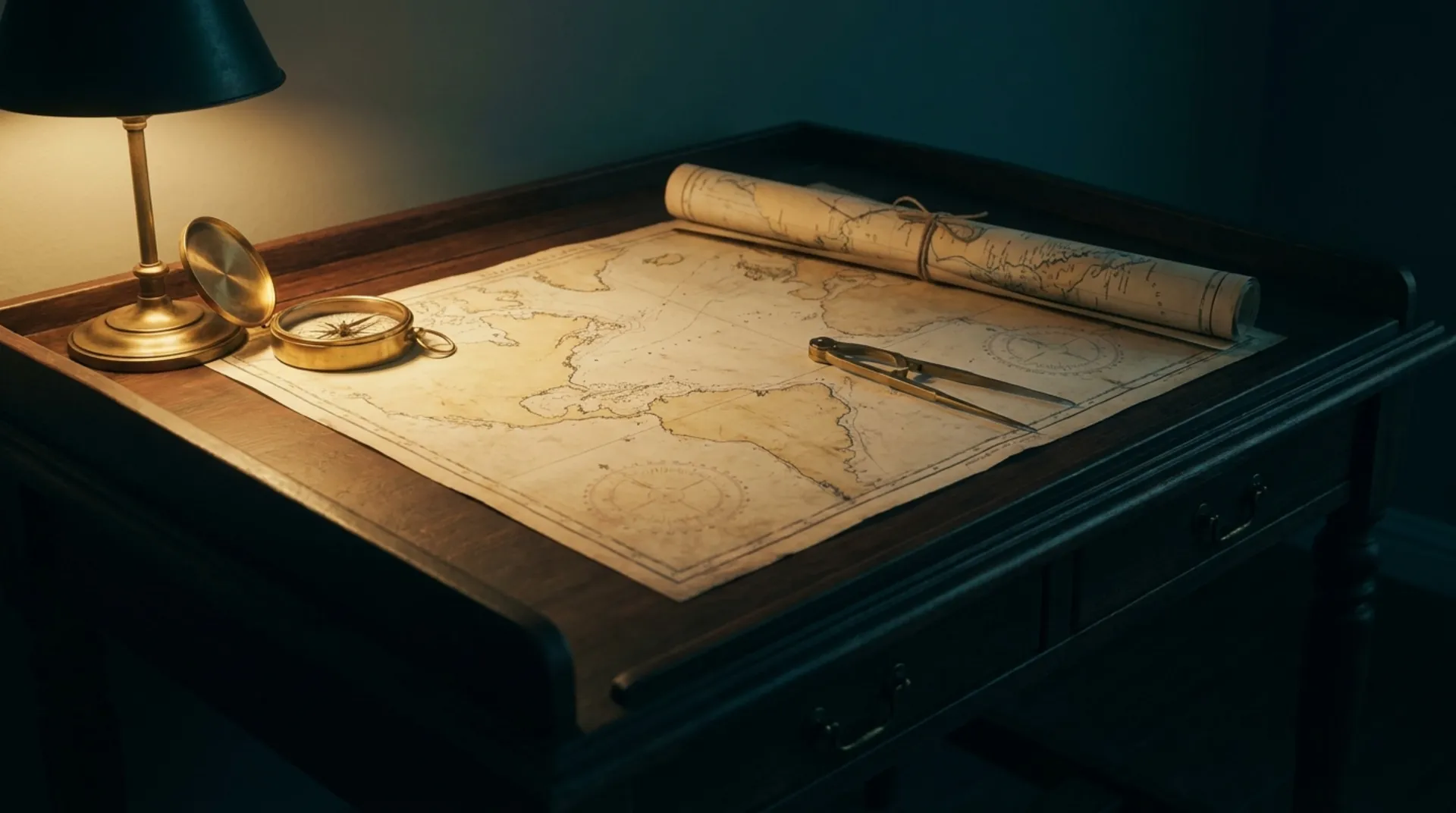 Antique sea chart, brass compass and dividers on a lamplit wooden desk