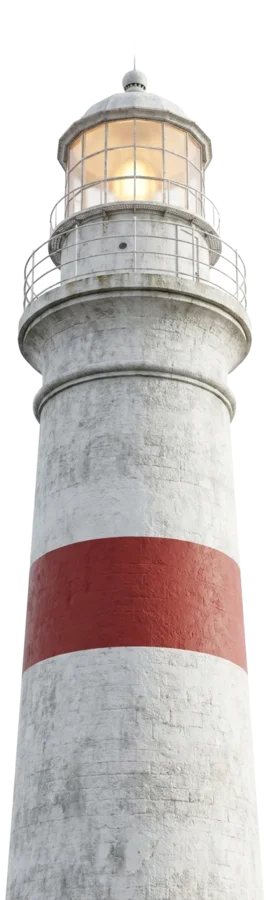Red and white striped lighthouse with its lamp lit