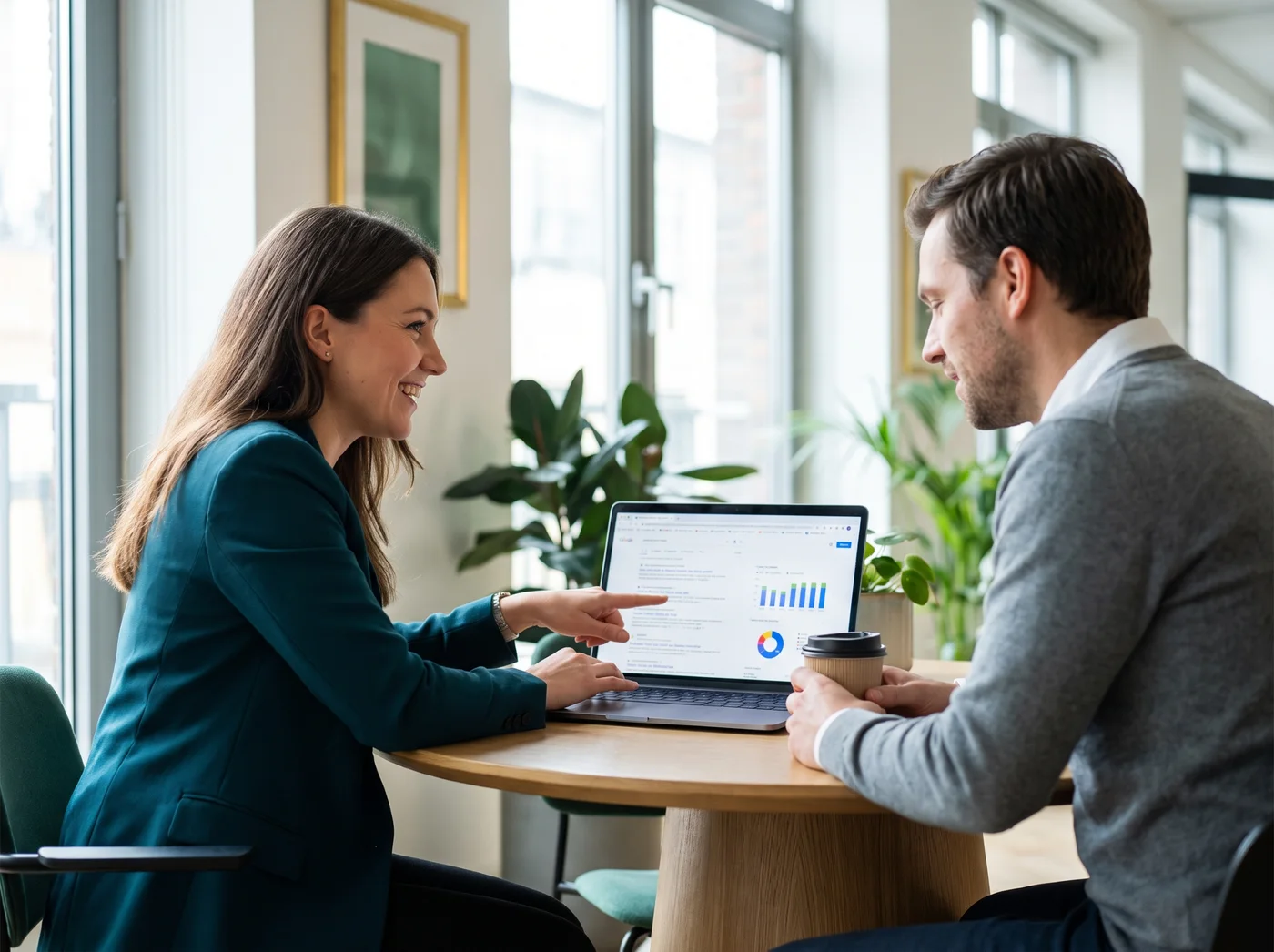 An HFB Technologies consultant reviewing AI visibility findings with a business owner