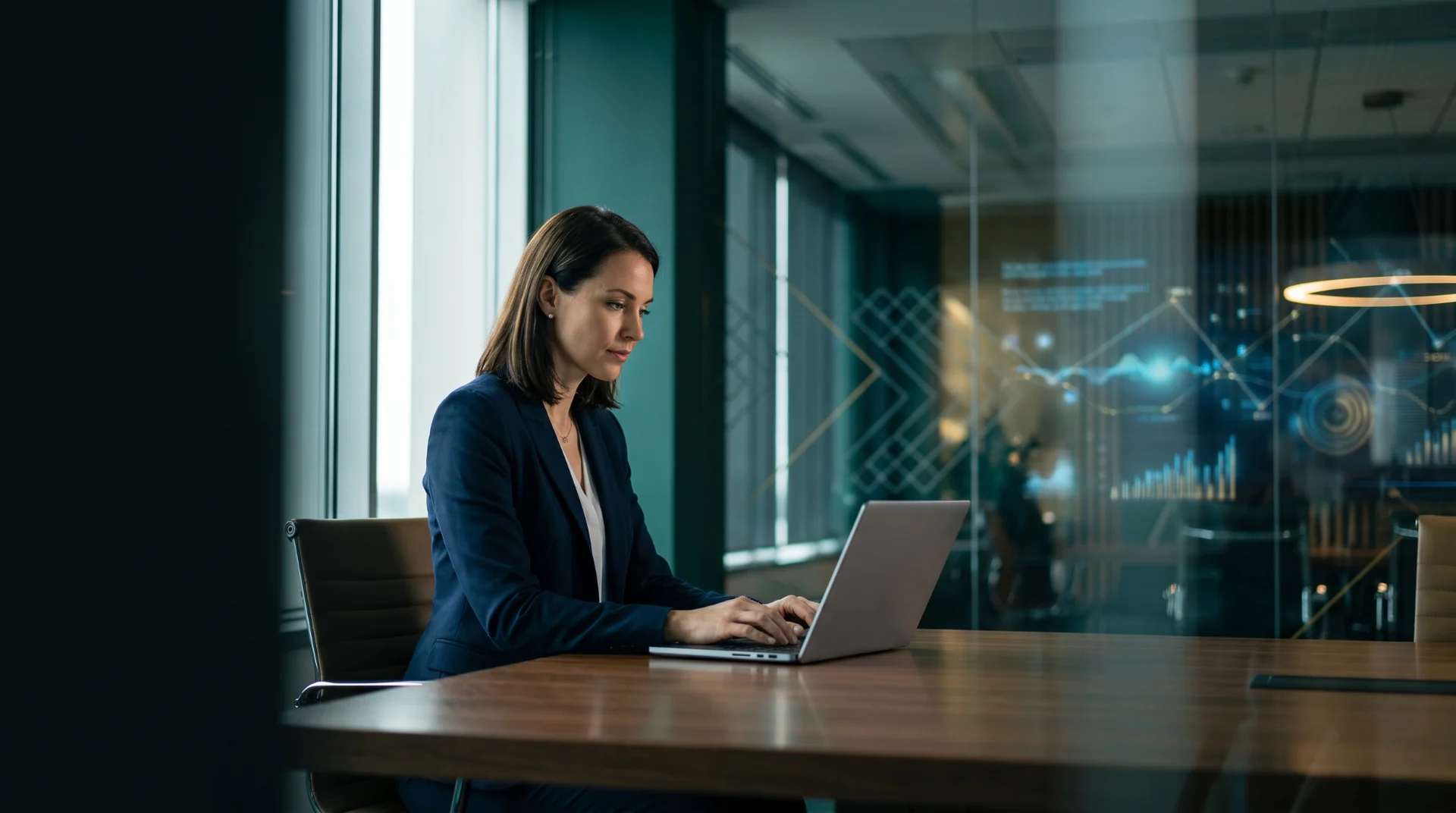 A business owner working on a laptop beside a wall of analytics dashboards
