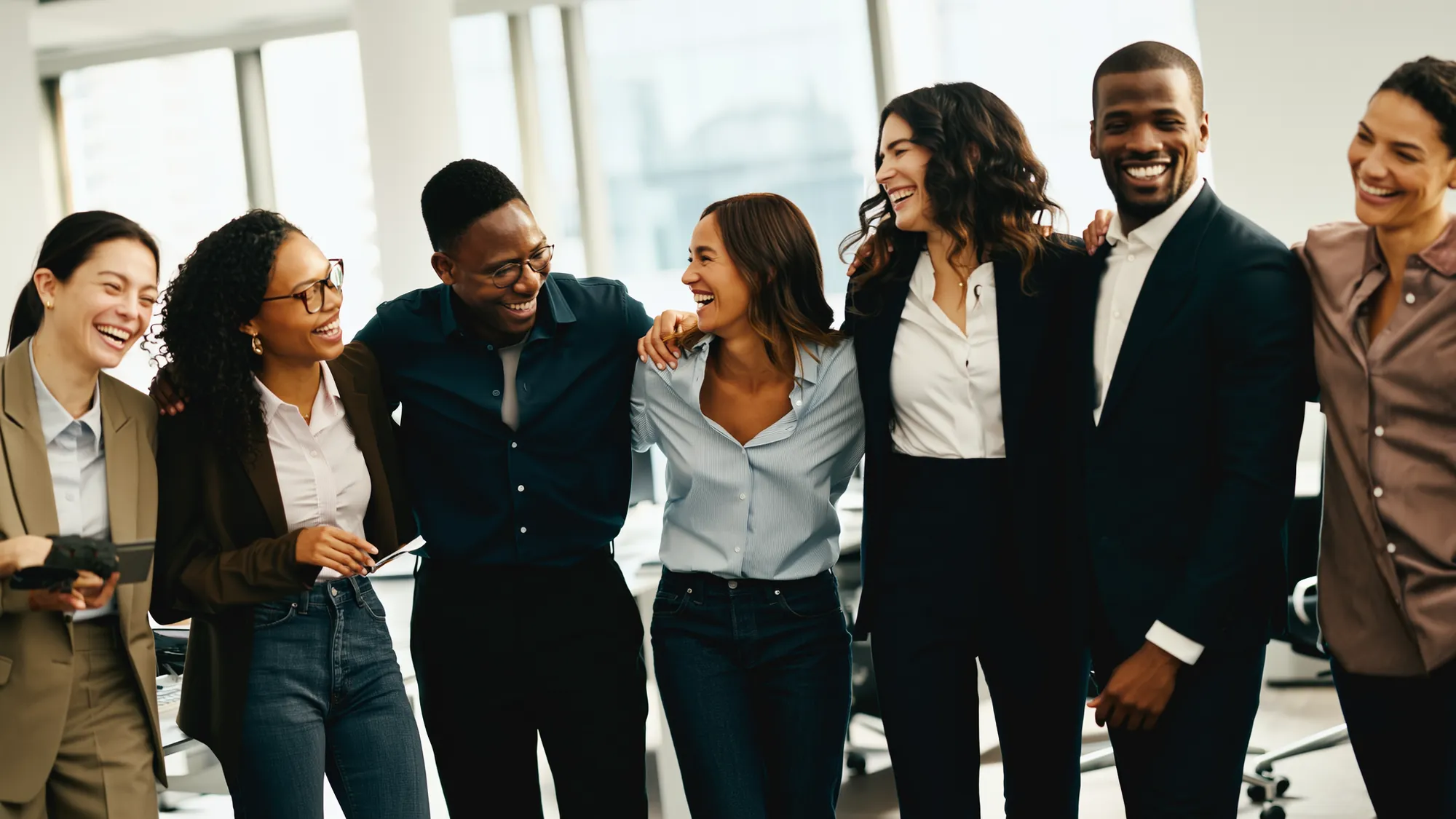A team of colleagues standing together and laughing in an office