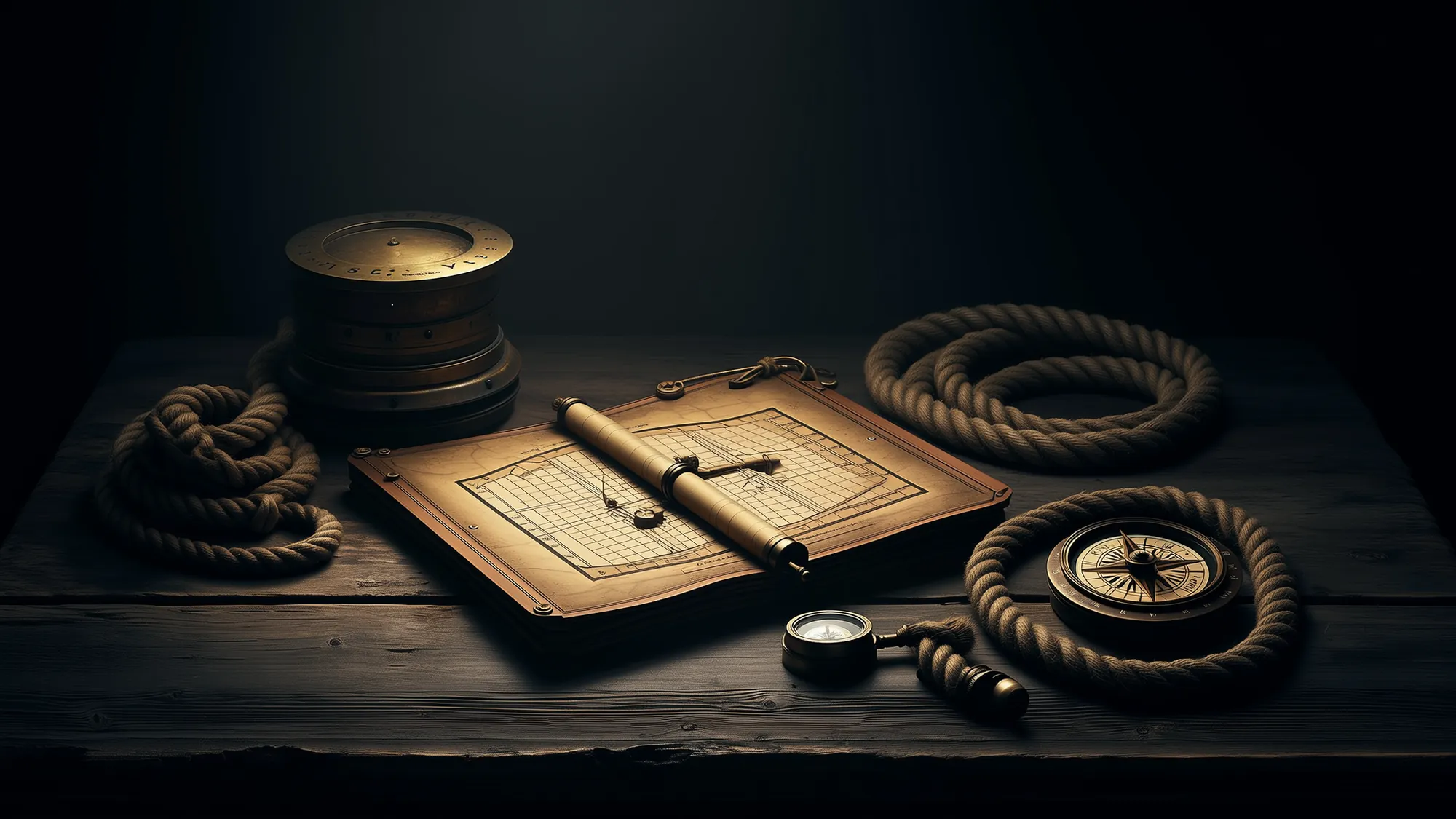 Coiled rope, a brass compass and a spyglass beside an open logbook