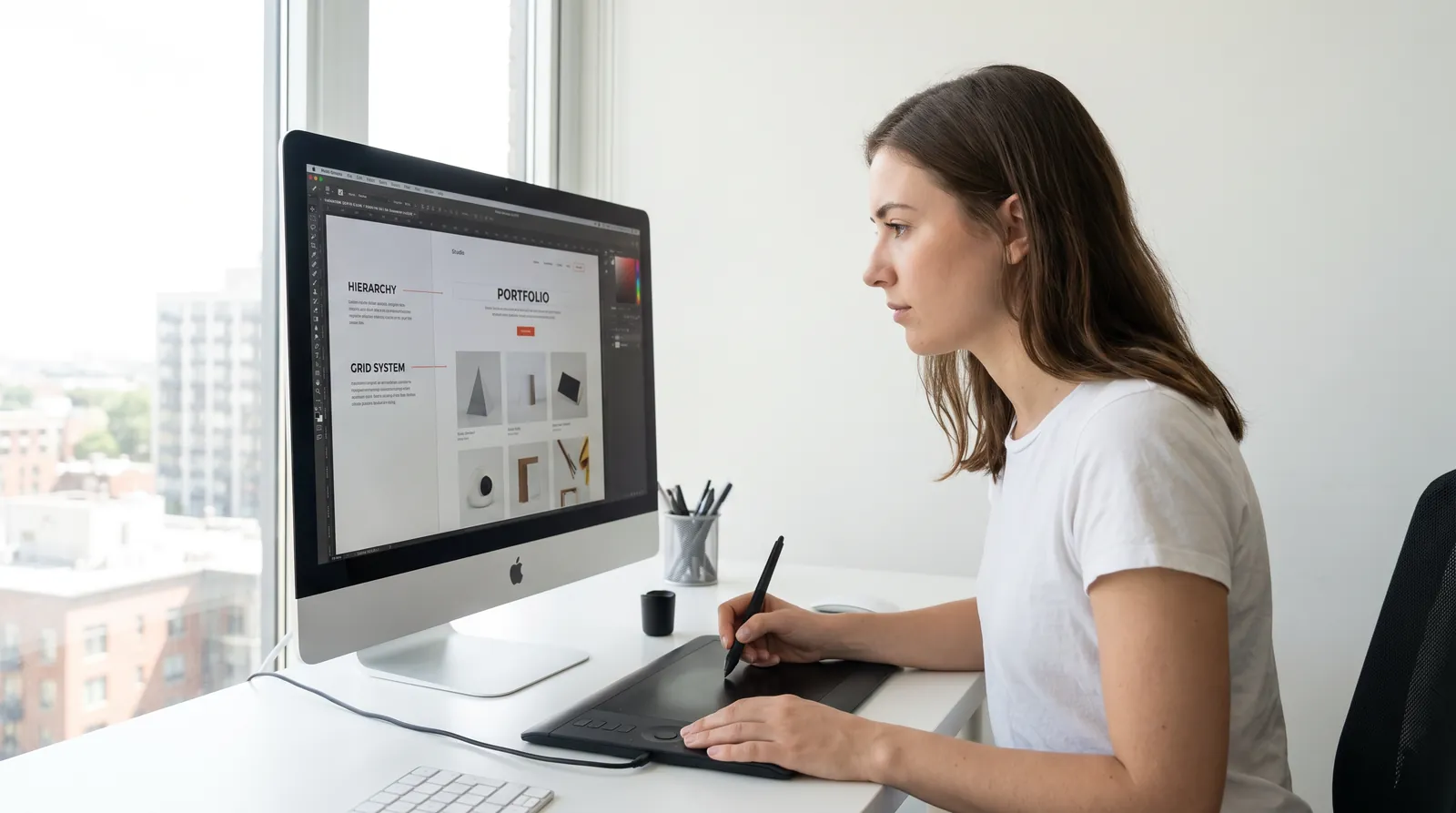 Web designer adjusting a page layout on a large monitor