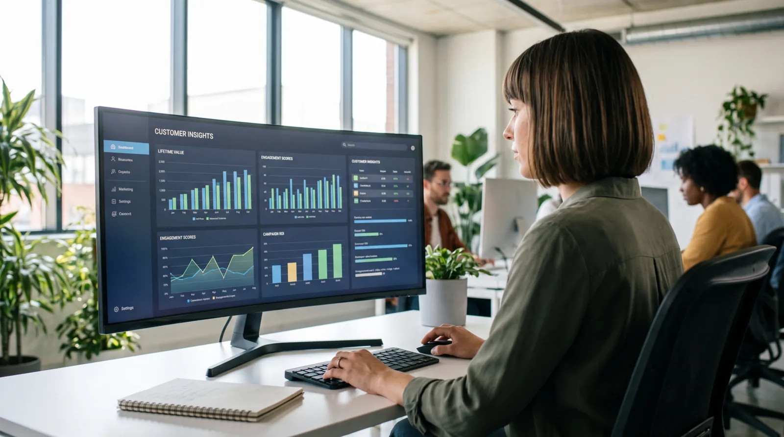 Marketing specialist reviewing CRM and customer analytics dashboards
