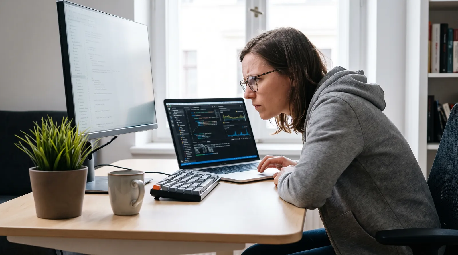 Developer reviewing website code on a laptop and desktop monitor