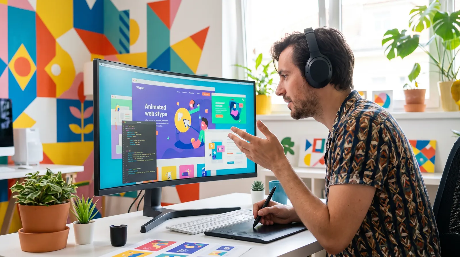 Designer building colorful interactive website content on a desktop display