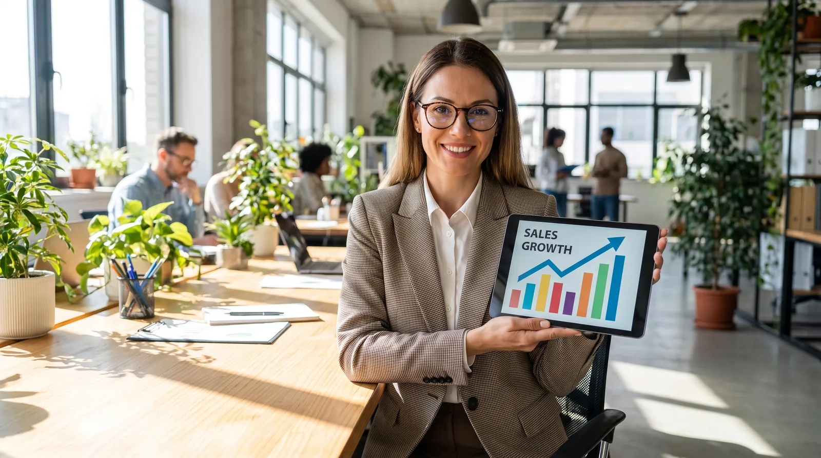 Consultant presenting a website sales growth dashboard on a tablet