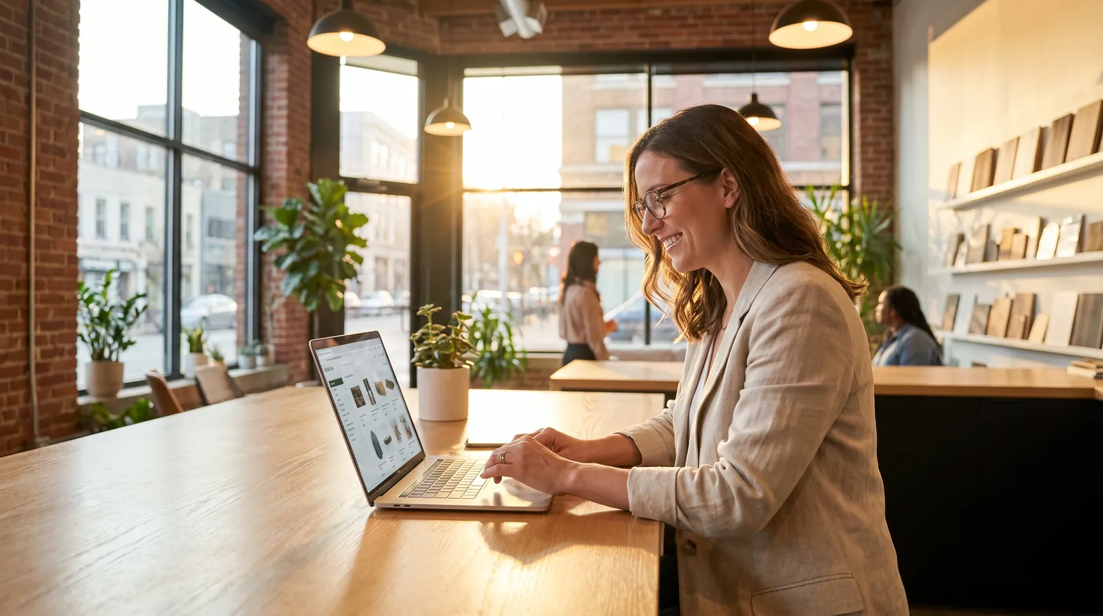 Business owner managing a post-purchase email campaign on a laptop