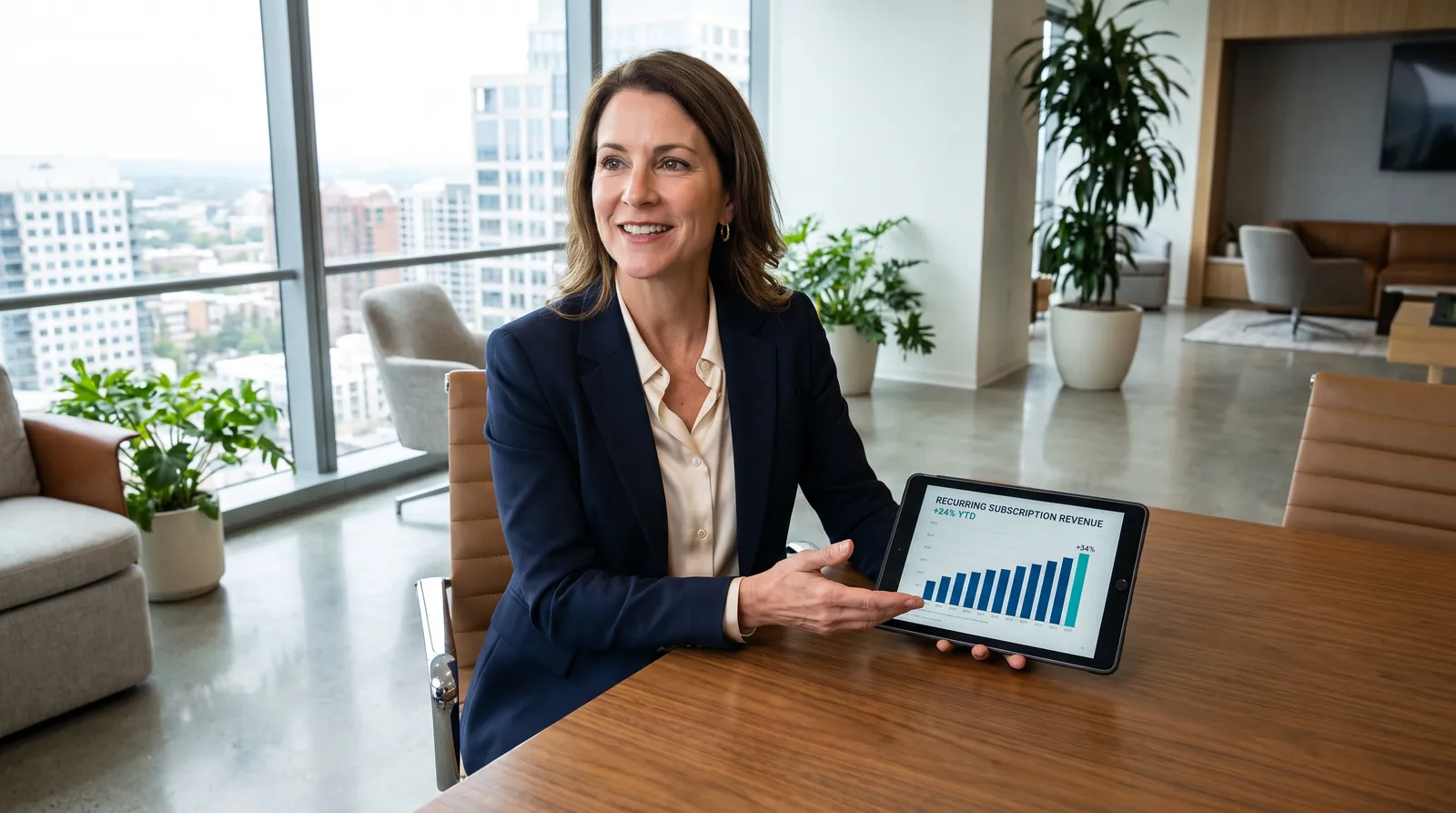 Business consultant presenting a subscription revenue dashboard