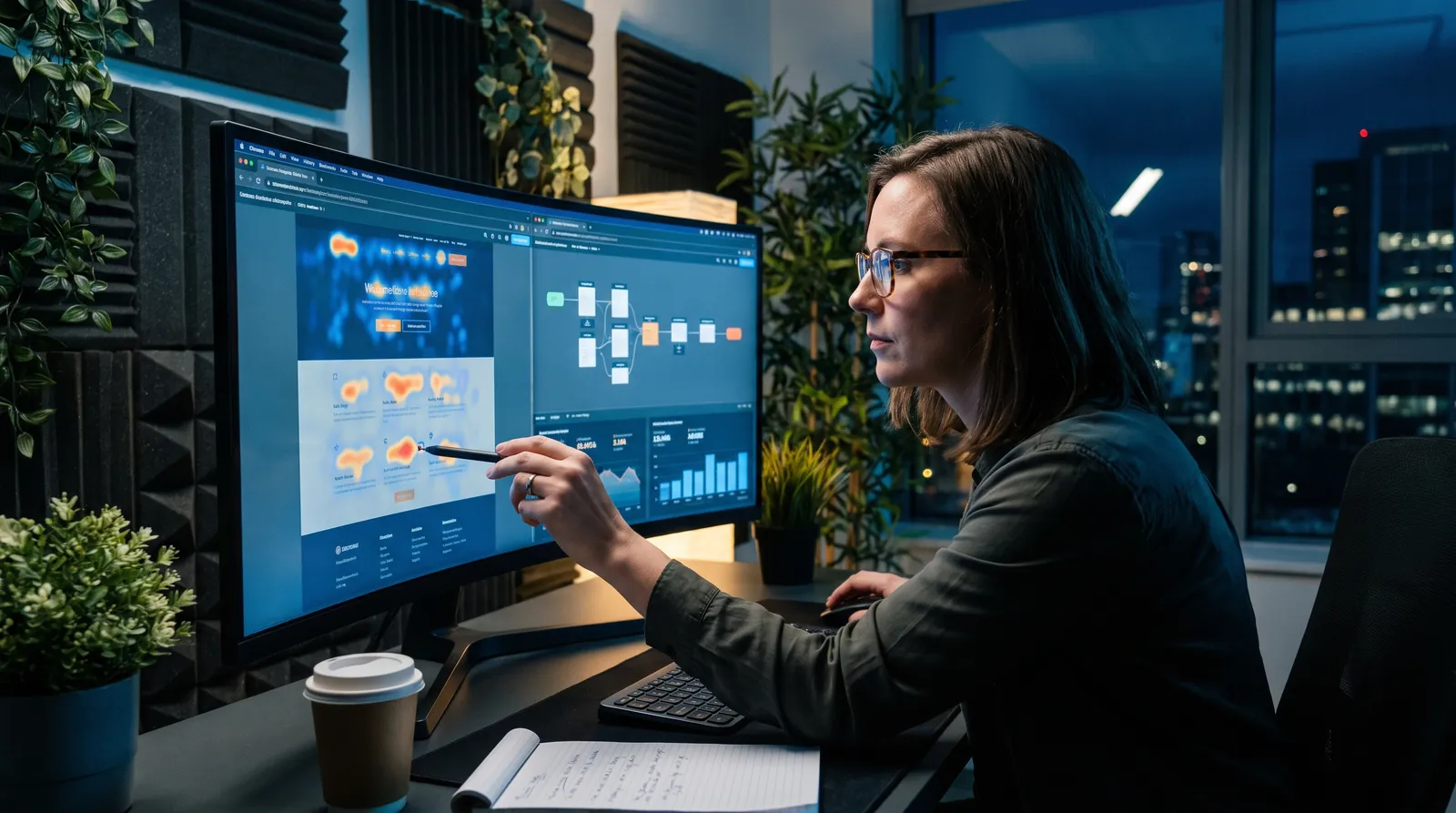 UX analyst studying website heatmaps and behavior dashboards