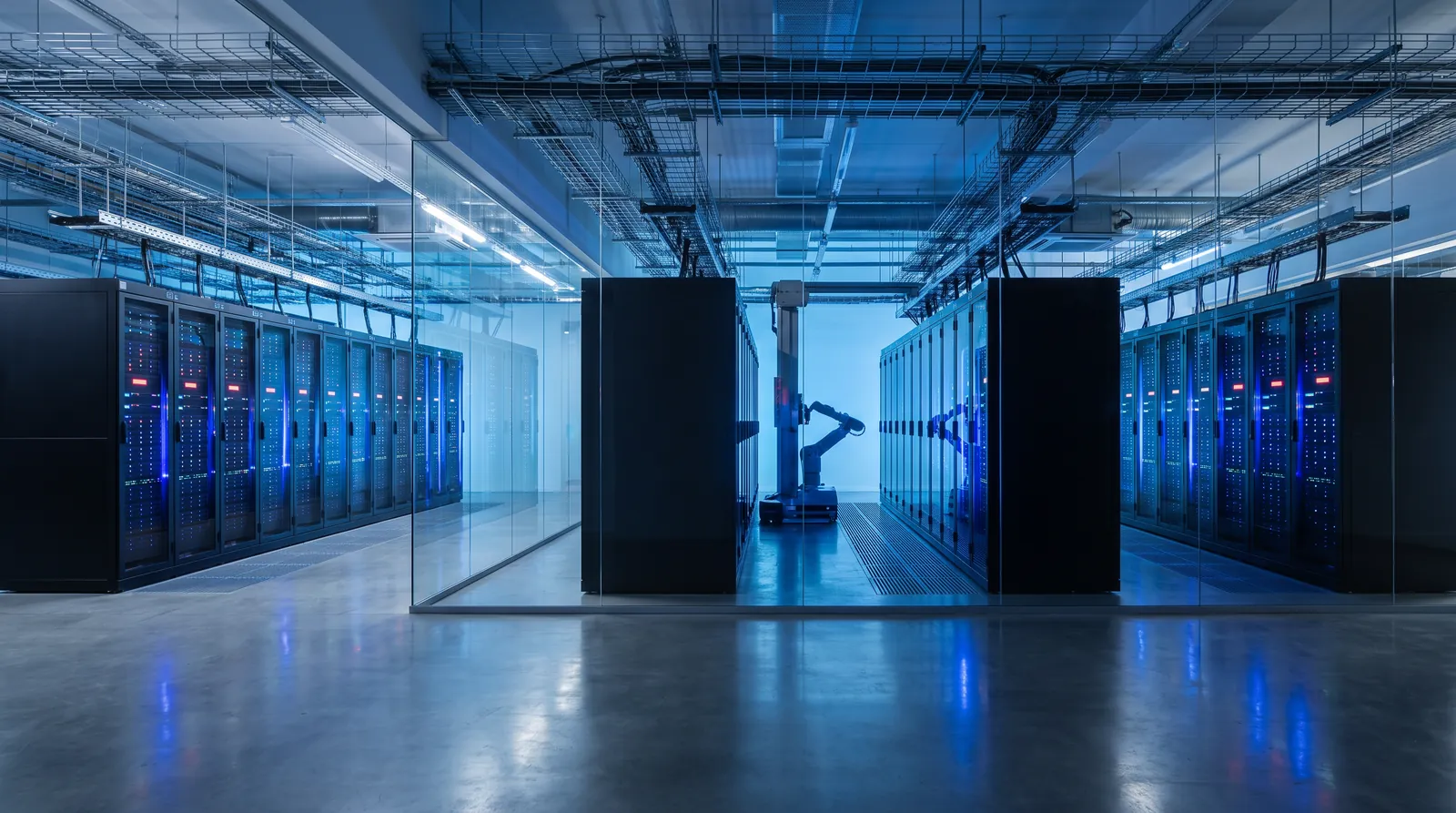 Rows of servers in a blue-lit data center