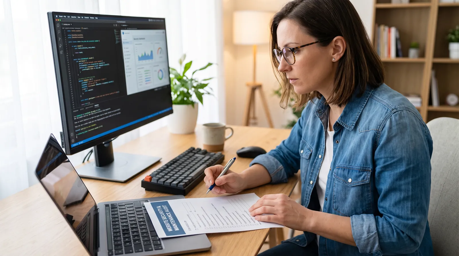 Developer auditing website plugins, code and analytics across two screens
