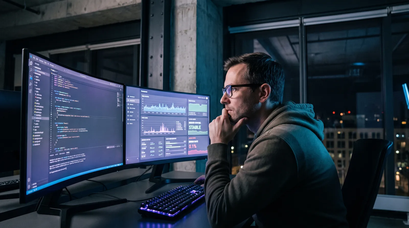 Developer monitoring website code and system alerts across three screens