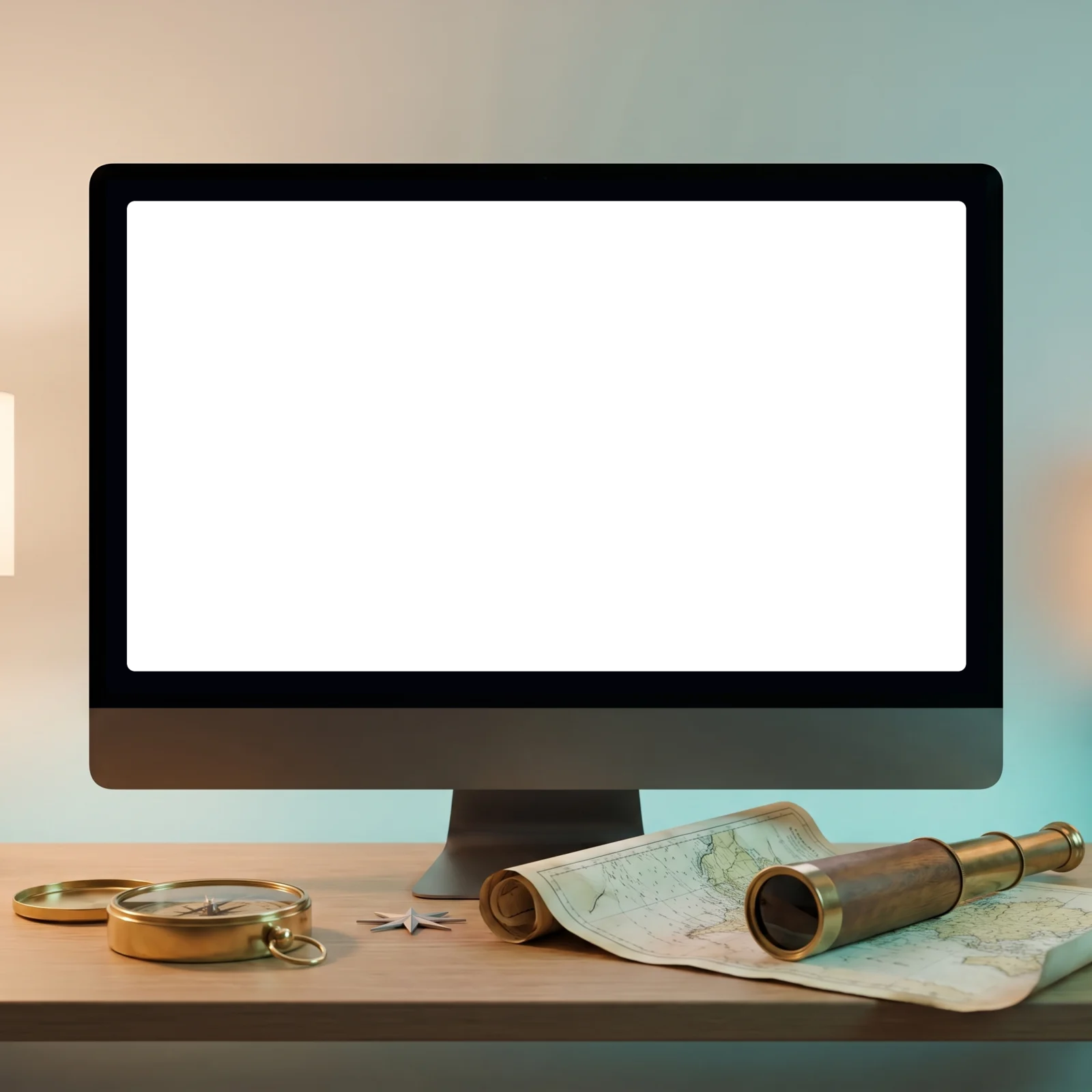 Desktop monitor on a wooden desk beside a brass compass, spyglass and rolled map