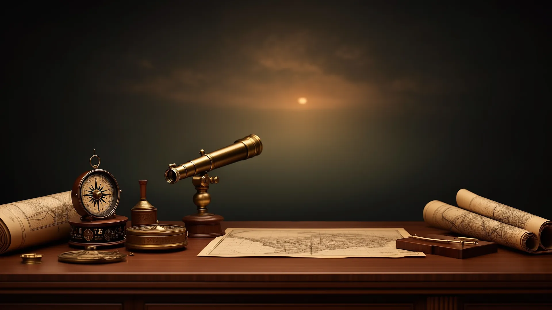 Brass telescope, compass and rolled charts on a wooden desk at sunset