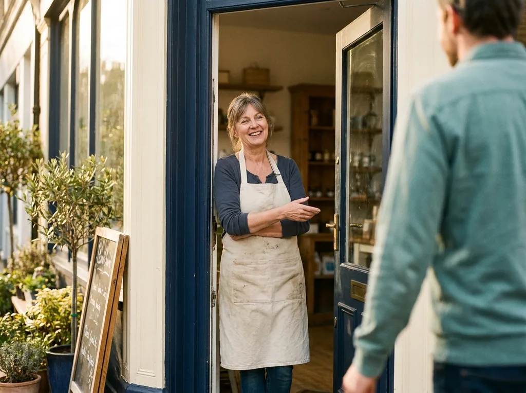Shop owner welcoming a customer at her storefront