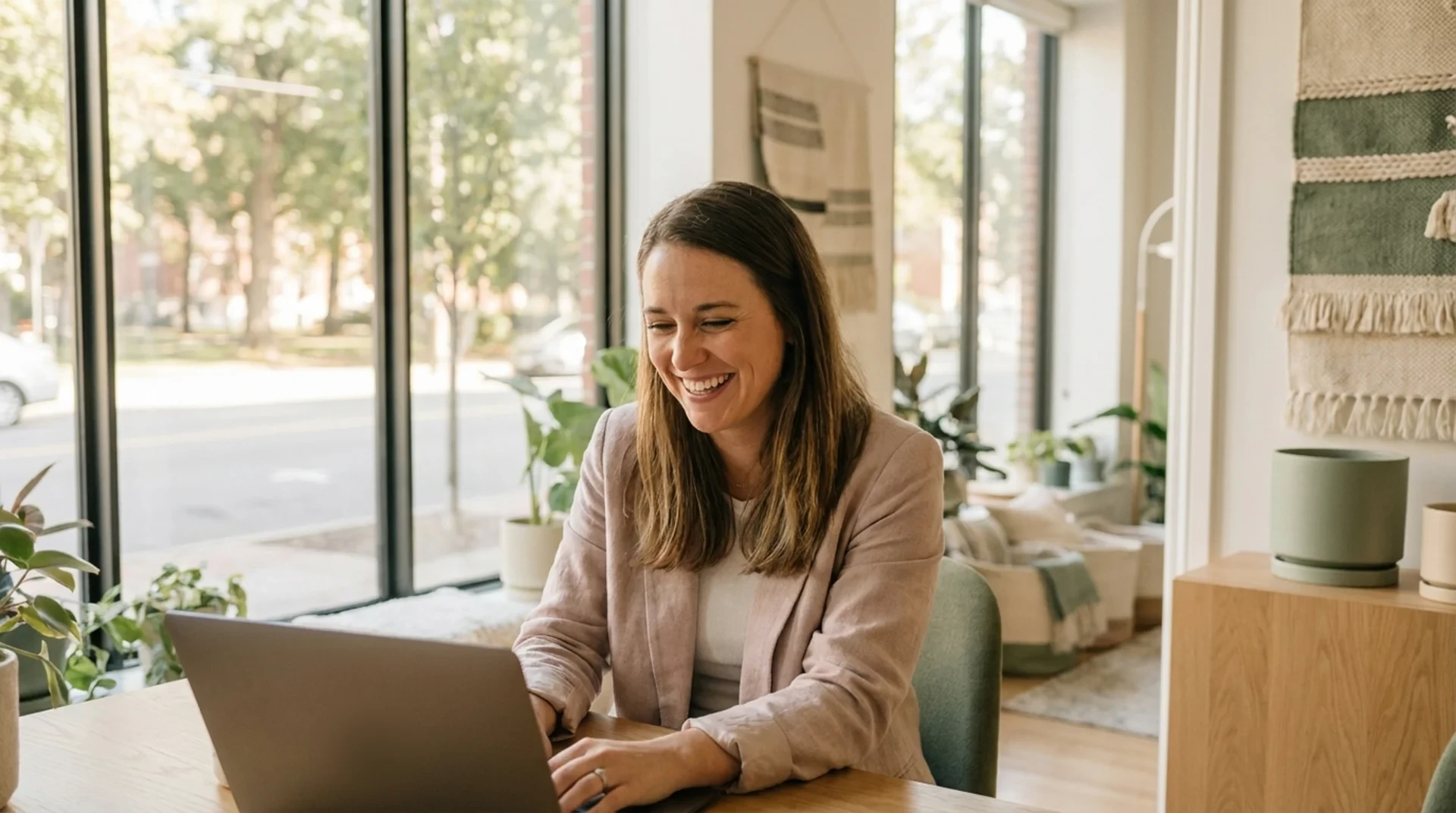 Business owner using an AI assistant on her laptop