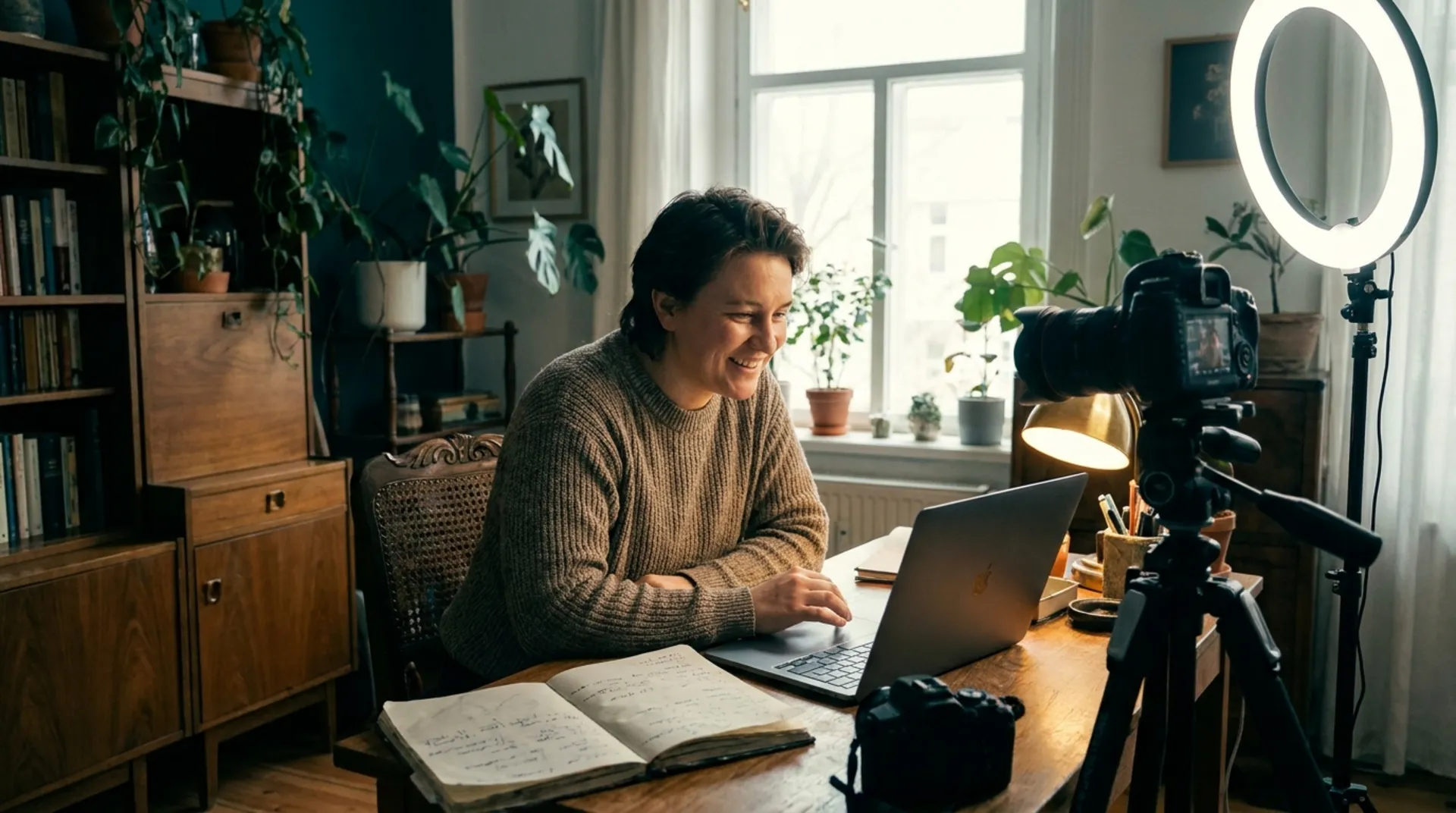 Content creator working at a laptop beside a camera and studio light