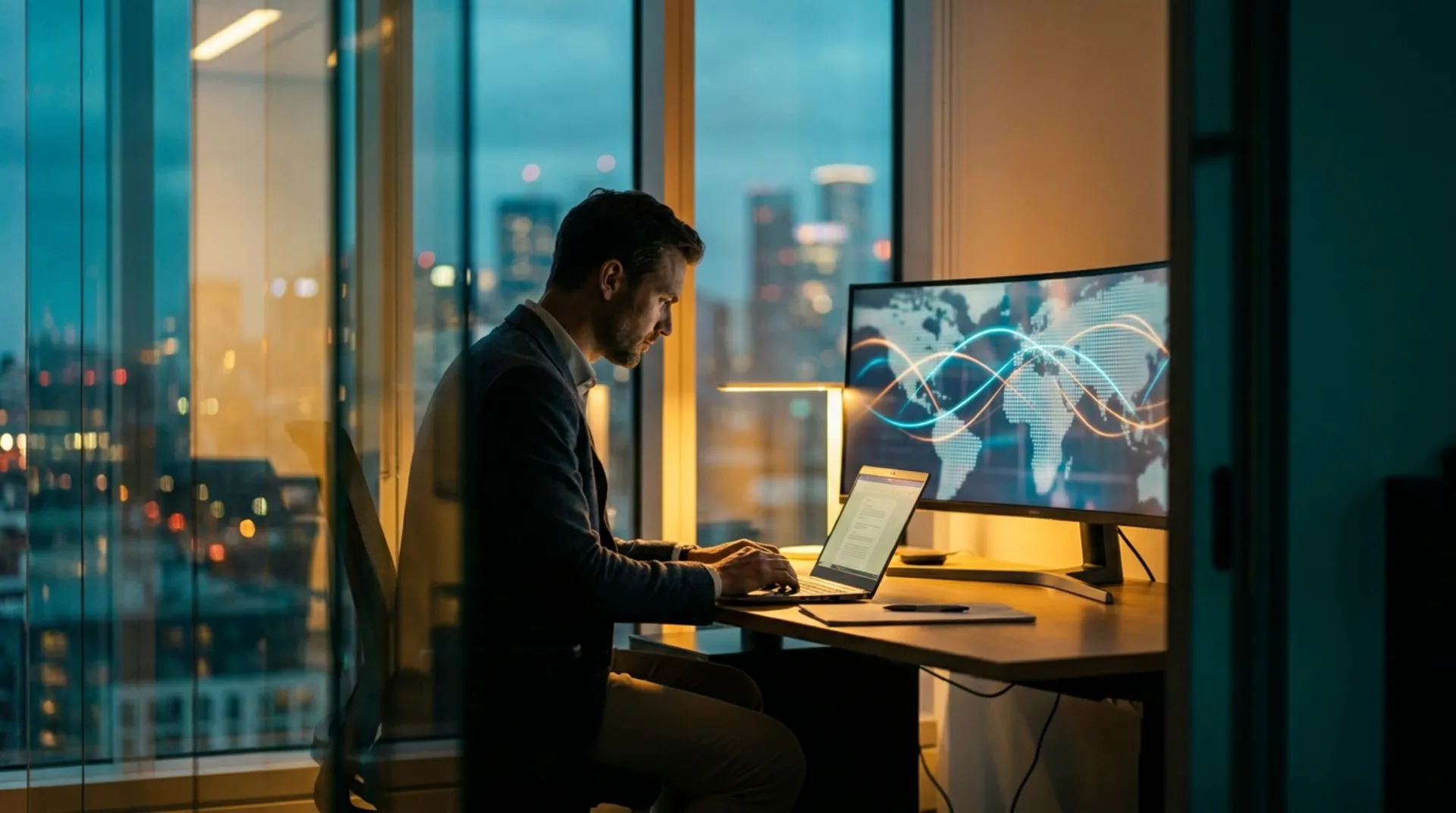 Search specialist monitoring global performance data across several screens