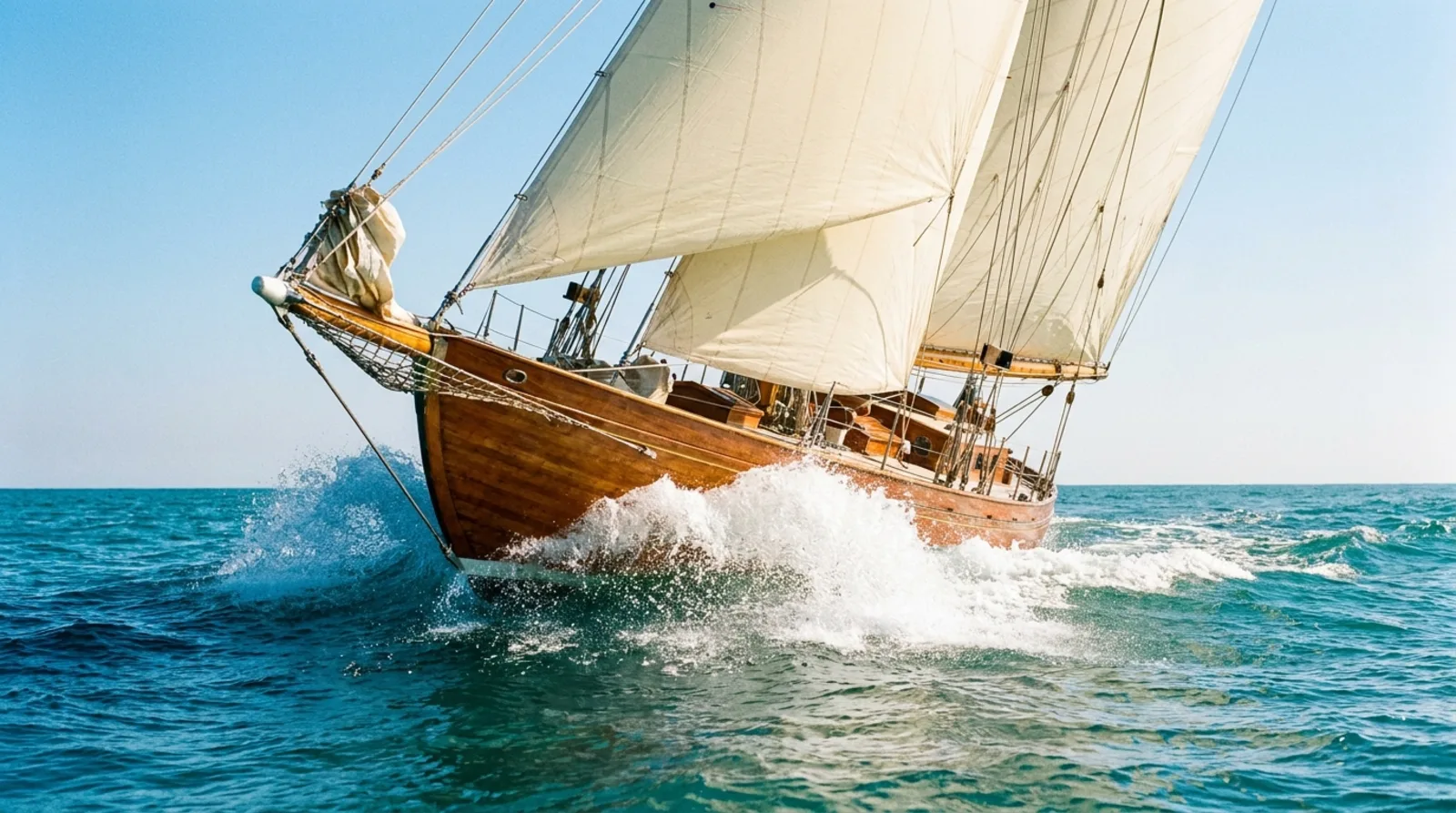 A wooden sailboat heeling over in bright water