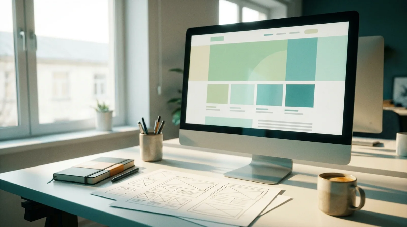 Website layout in progress on a designer desktop computer