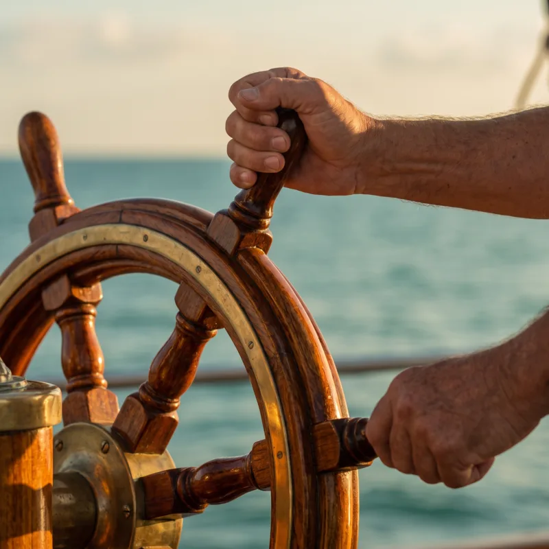 Captain's hands steering a wooden ship's wheel on open water