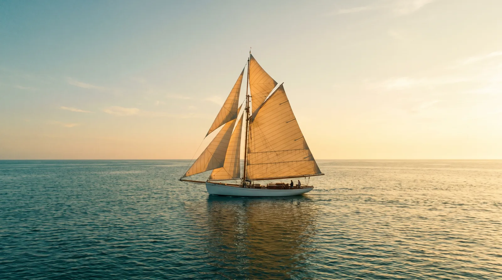 A sailboat making way across open water at golden hour